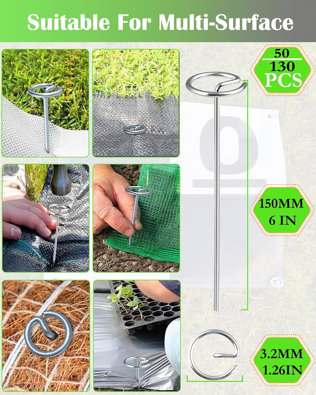 130Pcs Landscape Fabric Pins, Galvanized Circle Top Landscape Fabric Stakes | Not Easy to Bend 6-Inch Garden Staples