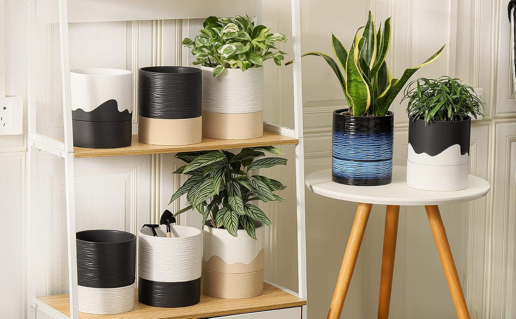 Nihow Ceramic Self Watering Plant Pot for Indoor Plants,6 Inch,White | Planter with Cotton Wick, Drainage Hole & Water