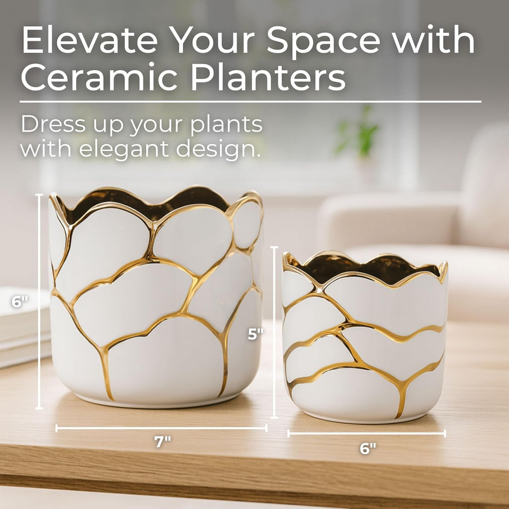 Set of 2 Plant Pots for Indoor Plants – Ceramic Planters with Gold Accents, Decorative Pots for Home Decor, Modern