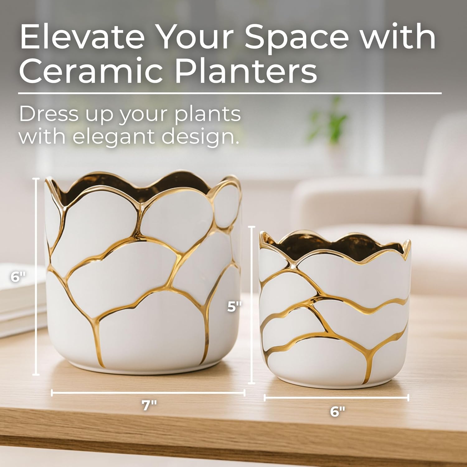 Set of 2 Plant Pots for Indoor Plants – Ceramic Planters with Gold Accents, Decorative Pots for Home Decor, Modern
