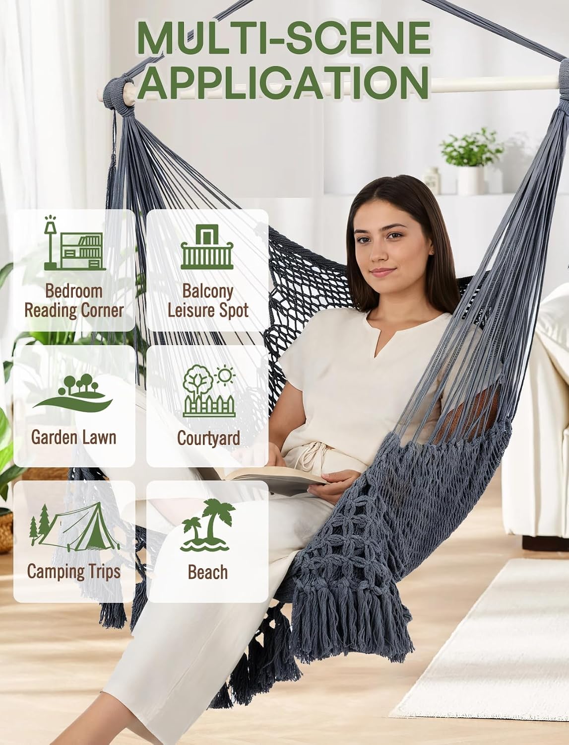 Chihee Hammock Chair Handmade Woven Mesh Hanging Seat Metal Spreader Bar | Cotton Blended Rope Hanging Chair Ventilated