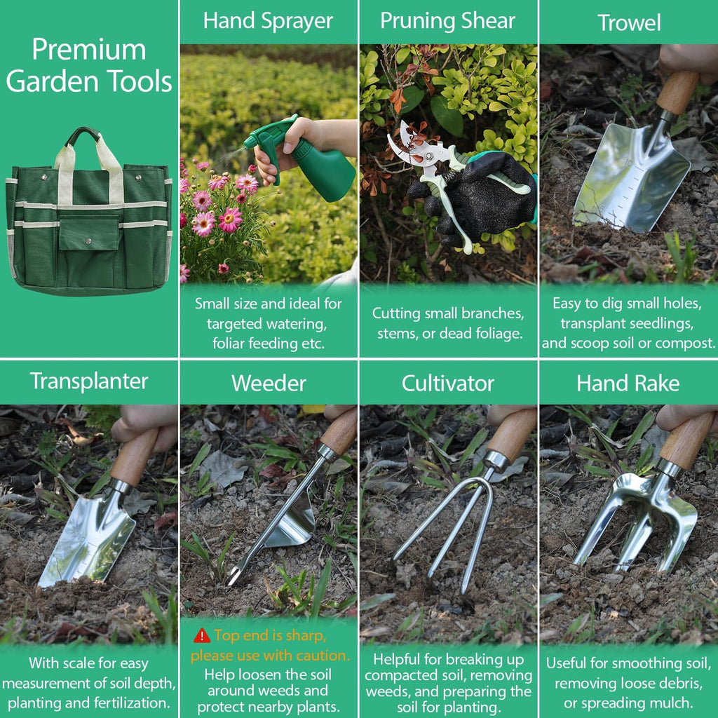 Garden Tool Set,10 Pieces Heavy Duty Gardenting Tool Kit, Folding Stool with Detachable Tote Bag, Thicker Stainless