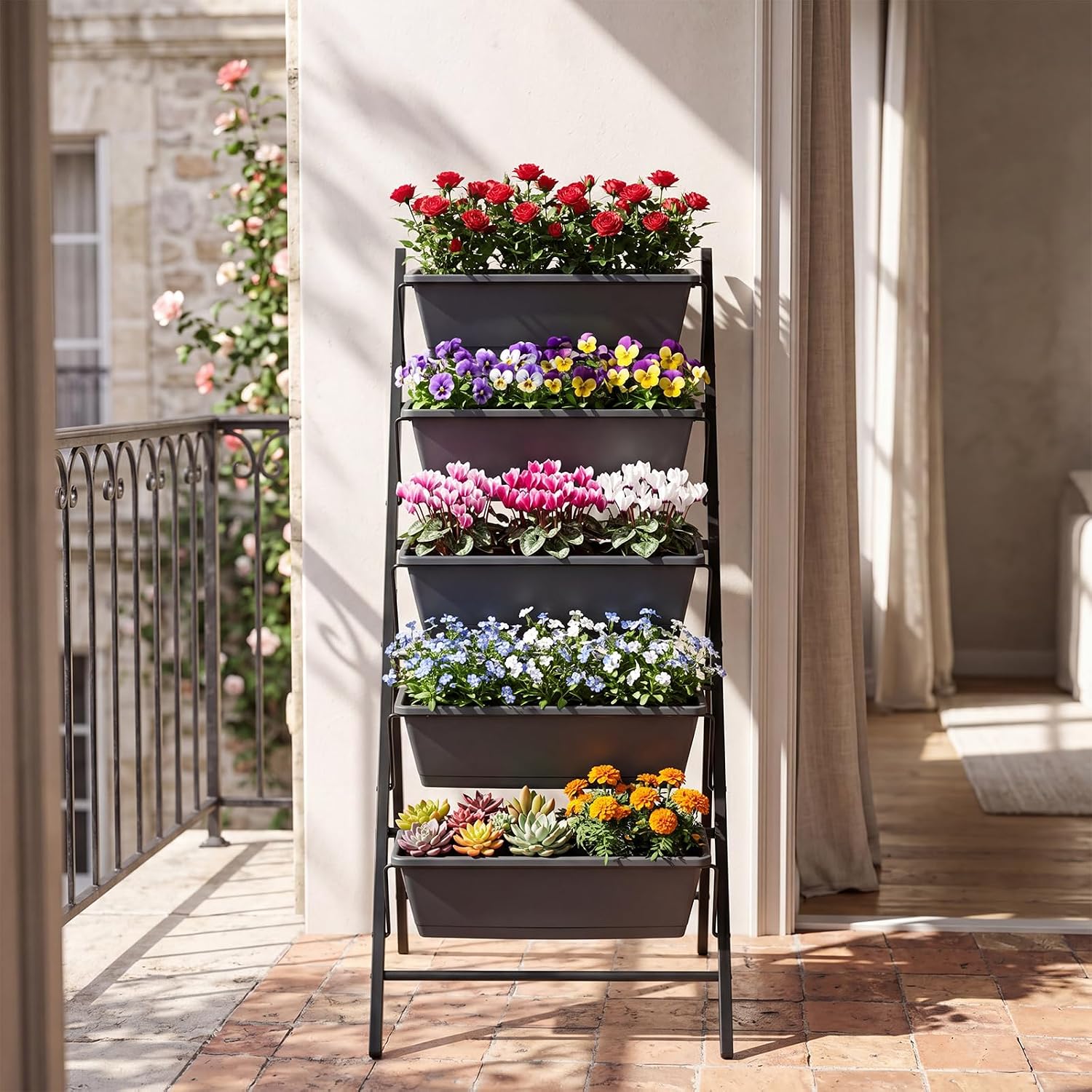 GIANTEX 5 Tier Vertical Planter Set of 2, Raised Garden Bed with Drainage Holes & Removable Trays, Metal Frame Elevated