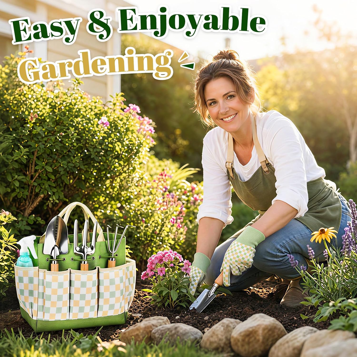 Gardening Tool Set, 9-Piece Heavy Duty with Durable Tote Bag, Ergonomic Rust-Resistant Garden Tools, Ideal Gardening