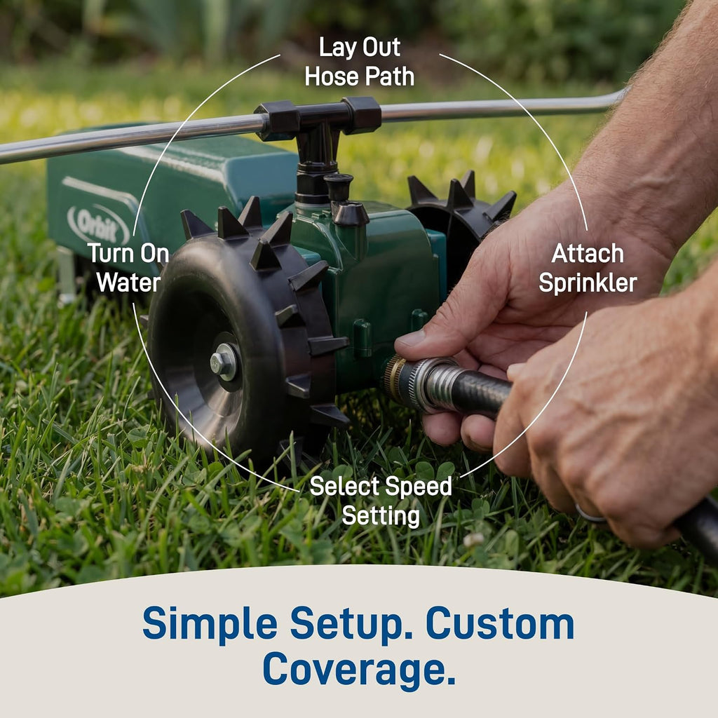 Orbit Traveling Tractor Water Sprinkler - Self-Propelled Traveling Sprinkler for Wide Lawn Coverage - Cast-Iron Body