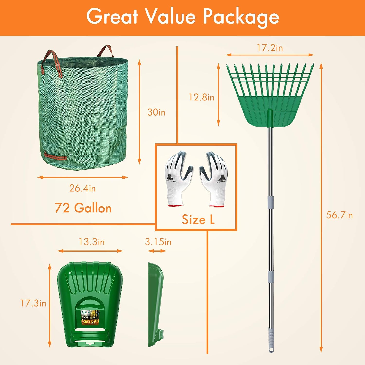 Gardzen Plastic Large Leaf Scoop & 12 Tines Gardening Leaf Rake Set, Comes with 72 Gallon Garden Bag