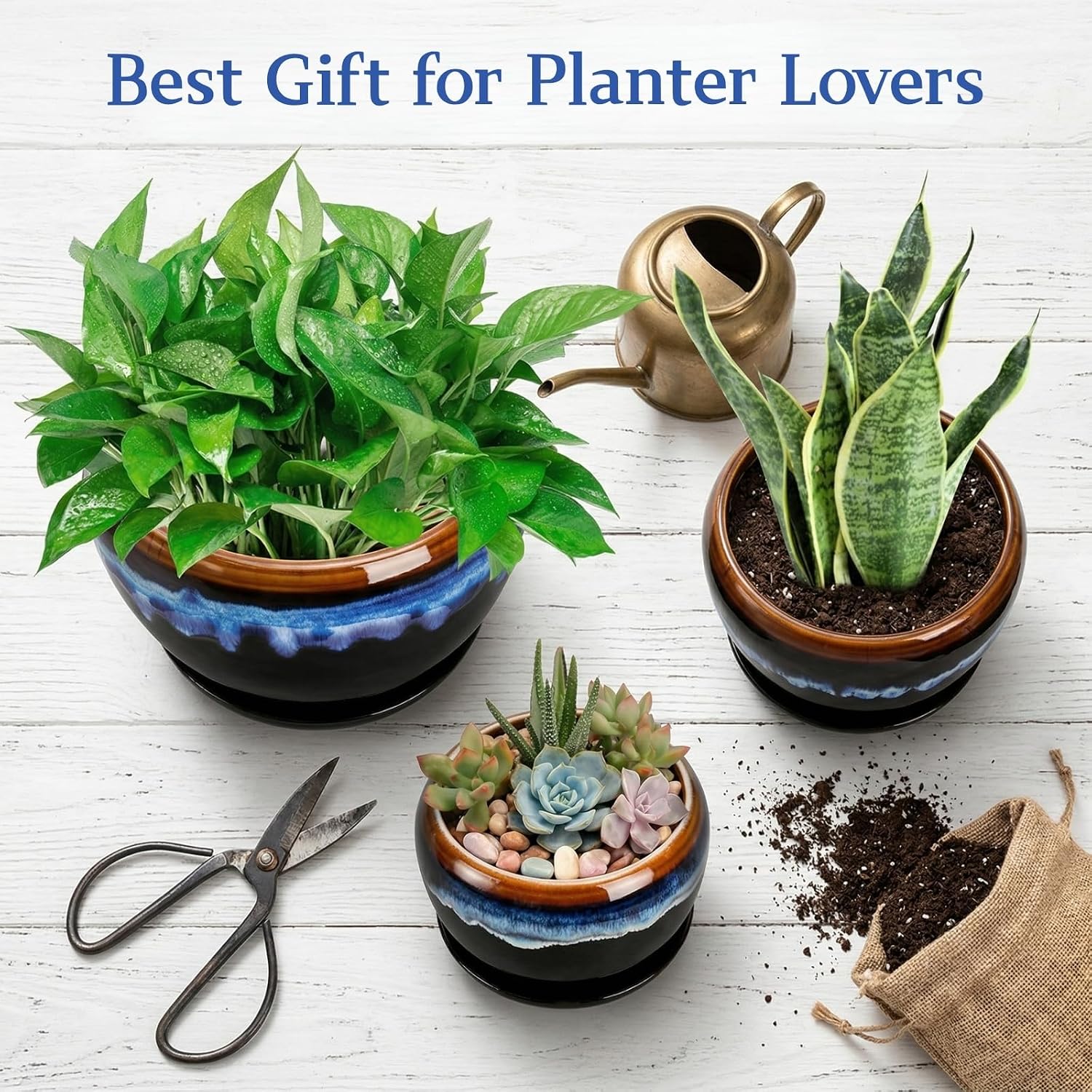 AVLA 3 Pack Ceramic Flower Pots, Gardening Drip Glazed Planter, Plant Pot with Drainage Hole and Saucer, 7/5/4 Inch