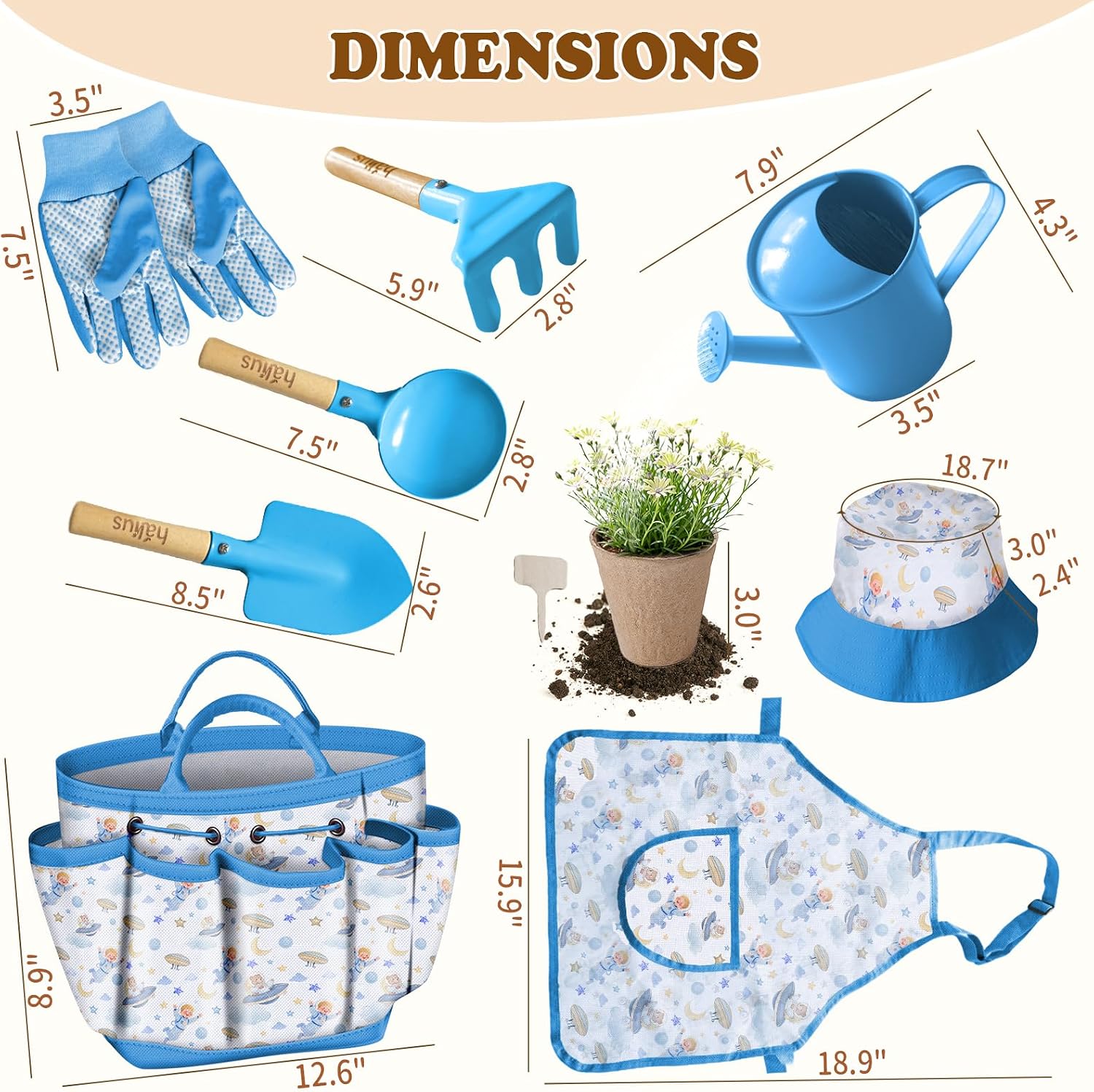 Kids Gardening Tool Set 18PCS Outdoor Toys Tote Bag Watering Can Apron Blue | Kid-Safe Ergonomic Metal Tools, Fun STEM