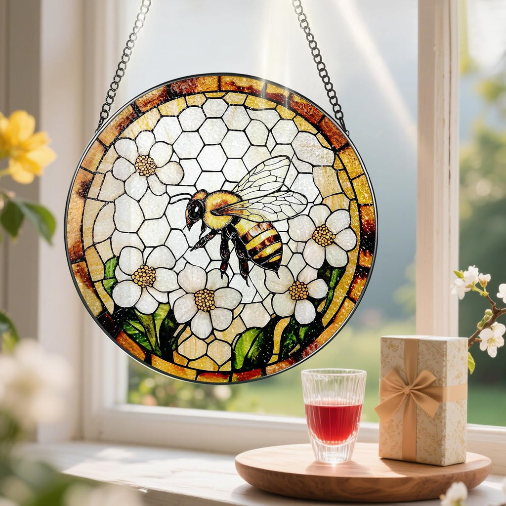 Bee Wildflowers Stained Glass Suncatcher, Stained Glass Window Hanging, 8 Inch Honey Bee Suncatcher, Honeybee Gifts for