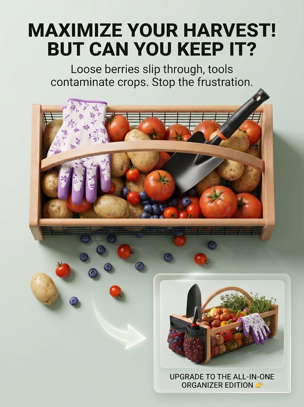 Upgraded Garden Hod Harvest Basket, Ergonomic Handle & Reinforced Frame | Ergonomic garden hod harvest basket features