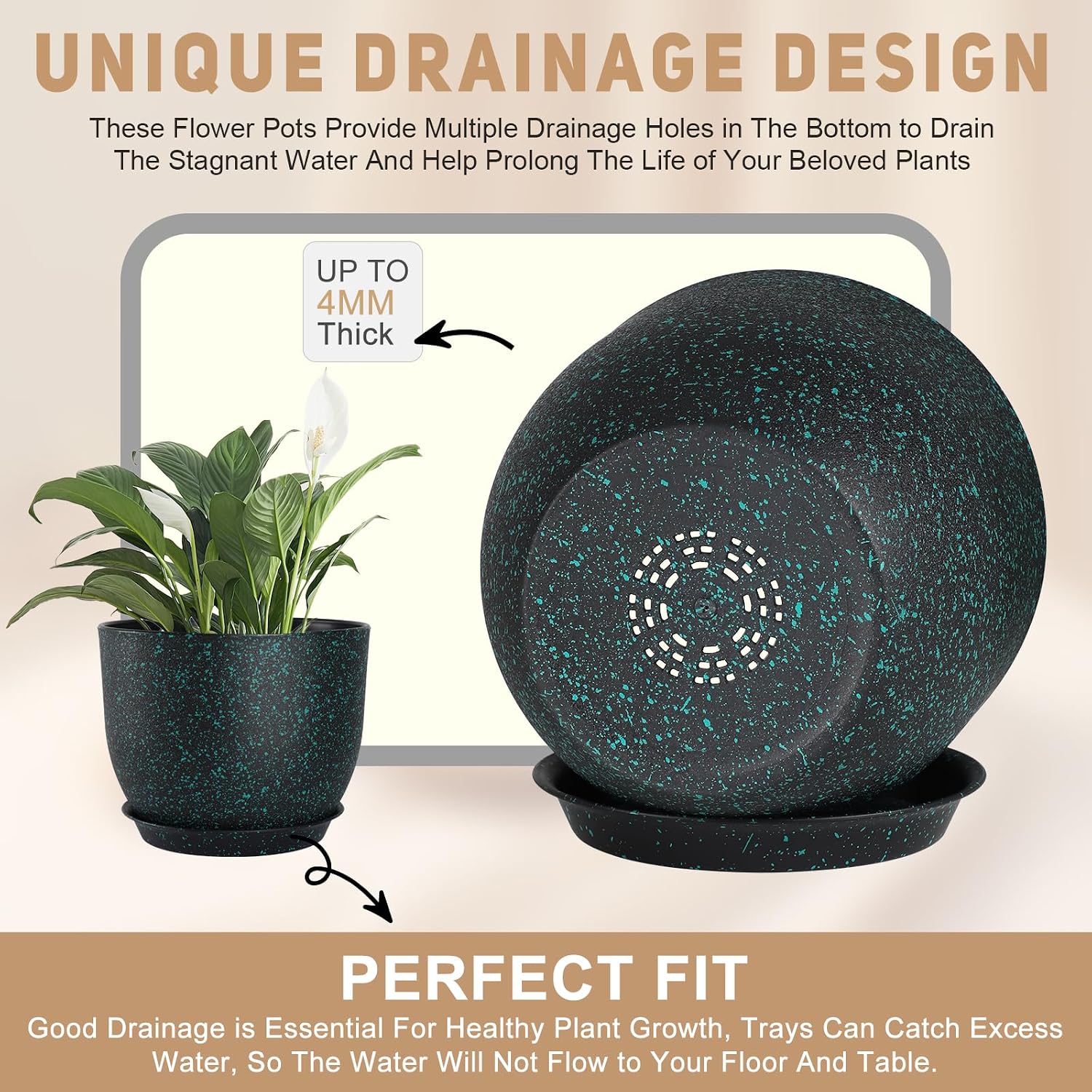 YNNICO Plant Pots 10/9/8/7.5/7 inch Set of 5,Flower Pots with Multi Mesh Drainage Holes, Large Planters for Indoor