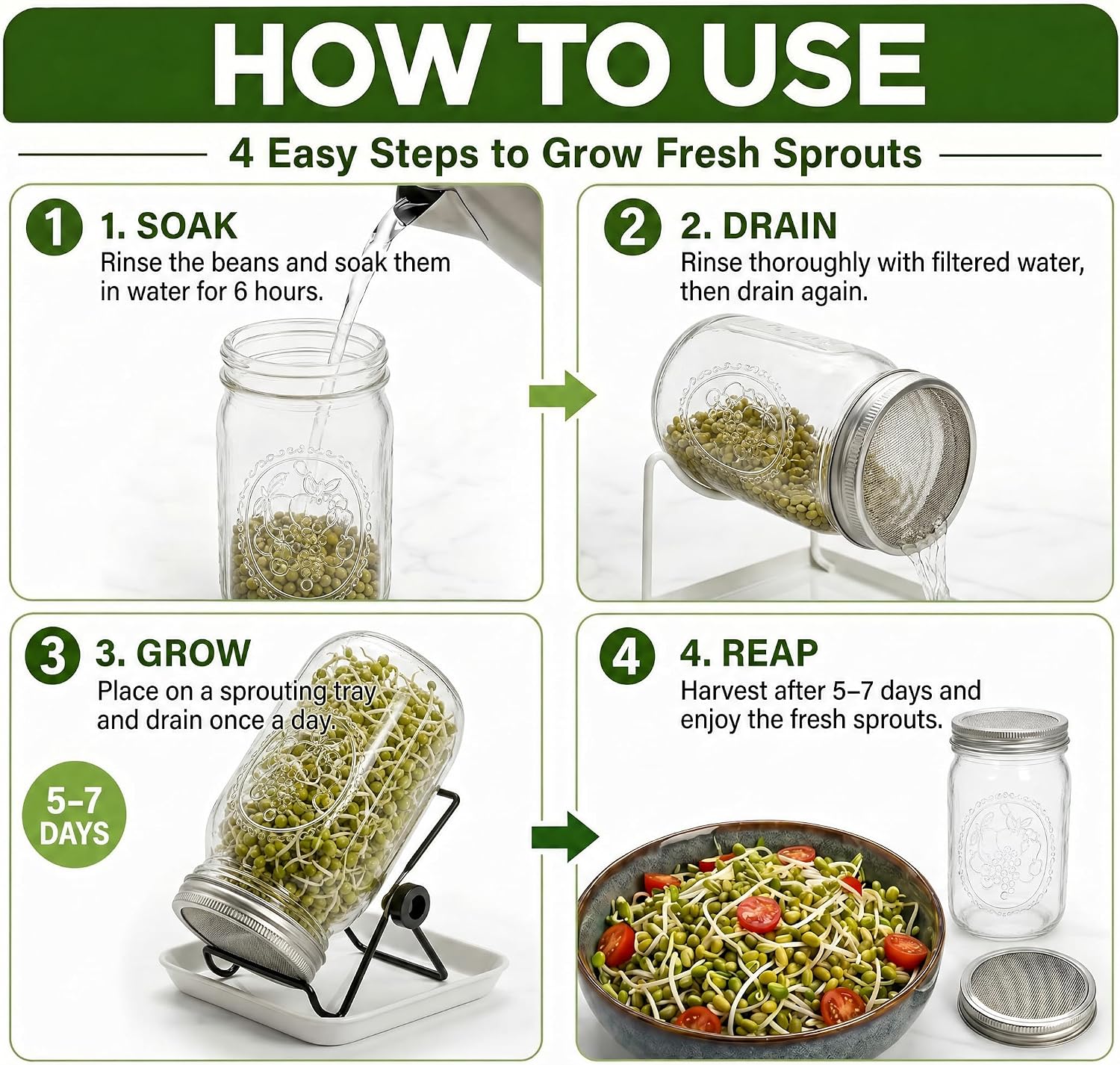 4 Large 1000ML Wide Mouth Mason Jar Sprouting Kit, with Stainless Steel Stand, Drain Tray & Cleaning Brush, High