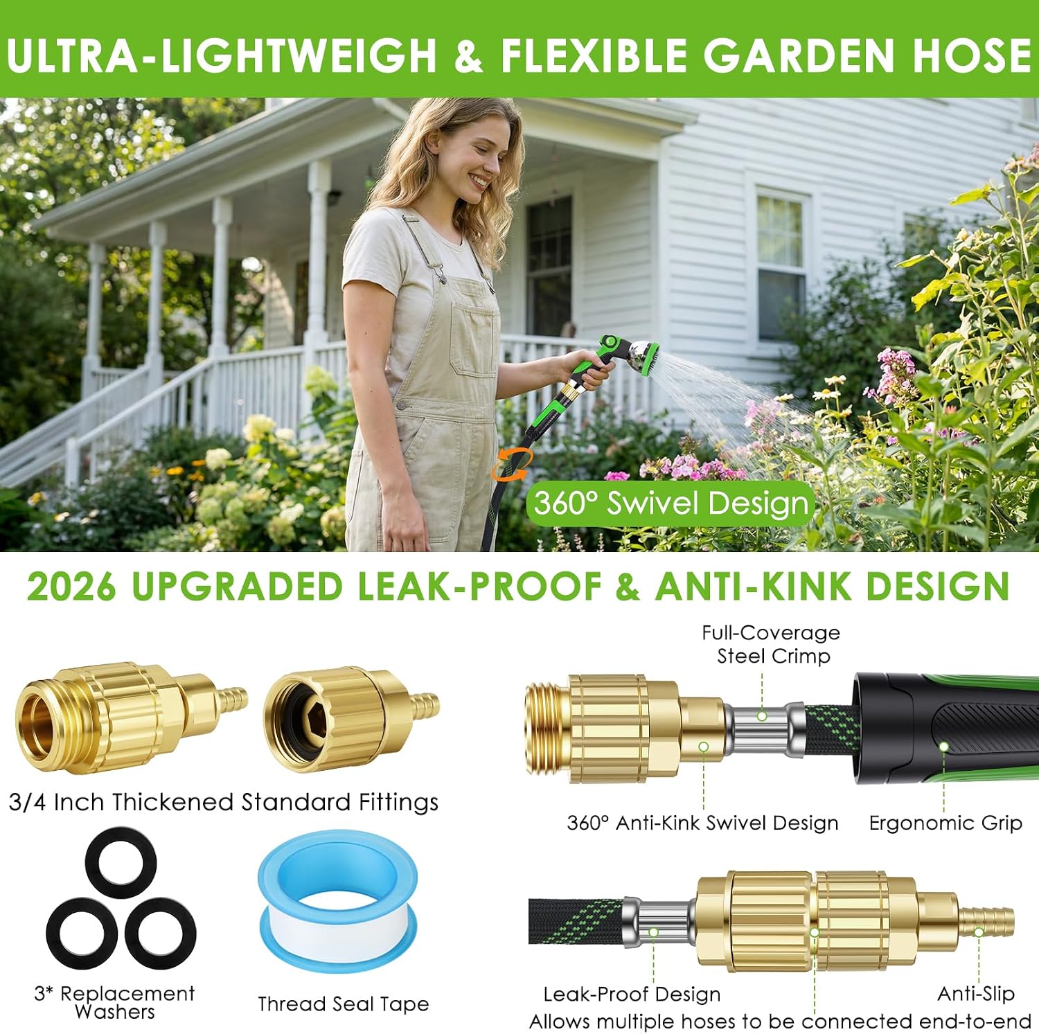 Garden Hose 100 ft, Non-Expandable Ultra-Lightweight Flexible Hose with 360° Dual-End Anti-Kink Design, 10-Pattern