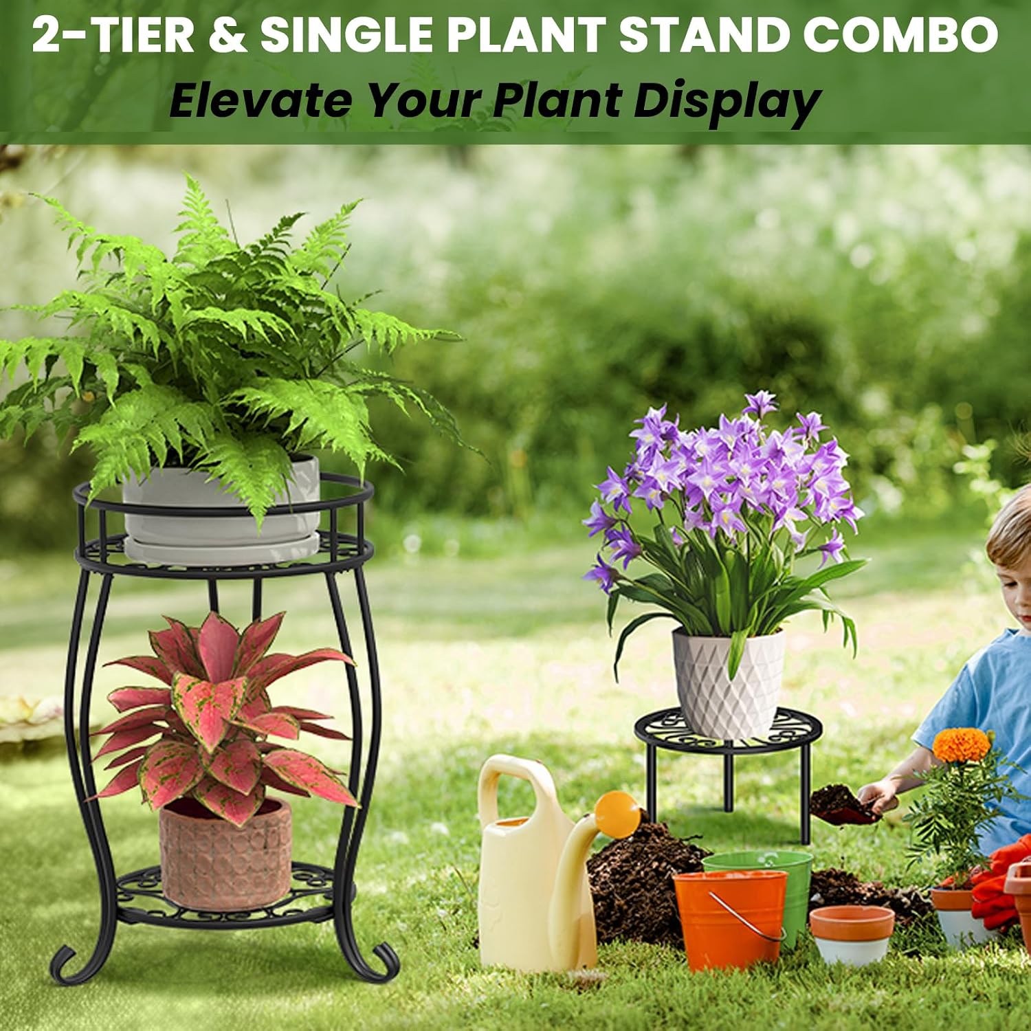 TOSKING 2-Tier & 9.1'' Single Metal Plant Stand Set,Indoor/Outdoor,Black | Single Stand with Adjustable Leveling Feet