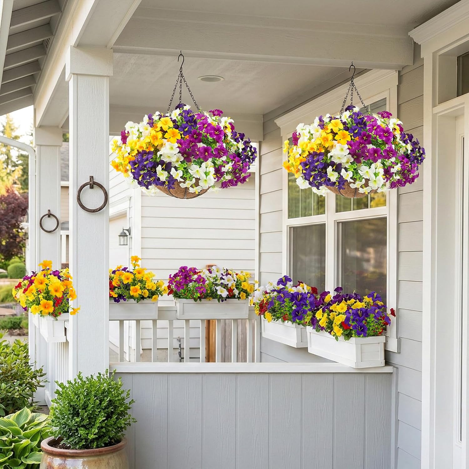 2 Set Artificial Outdoor Flowers with Hanging Baskets,24 Pcs UV Resistant Faux Petunias Flowers with Hanging Planter
