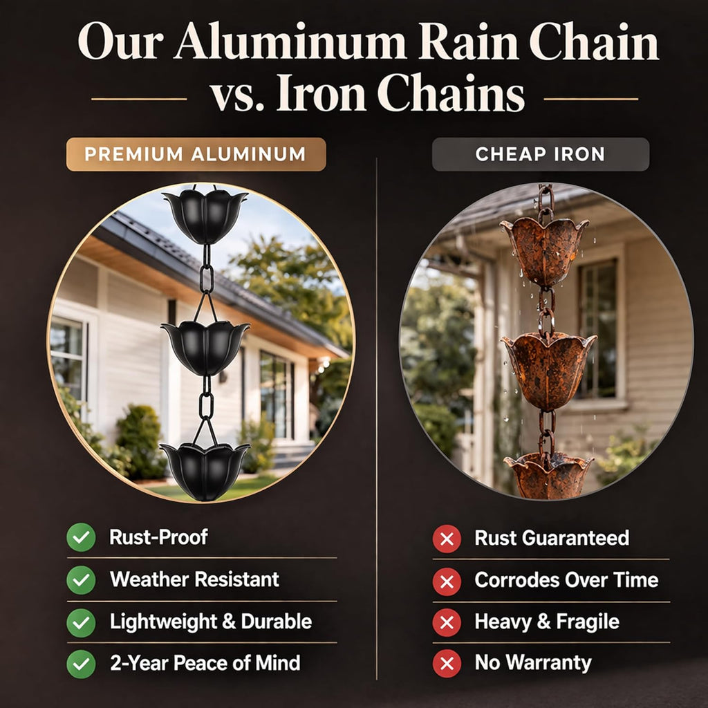 Gardzen Aluminum Rain Chain for Gutter | 8.5 Feet Decorative Rainchain with 13 Flower Cups, Heavy Duty Outside Rain
