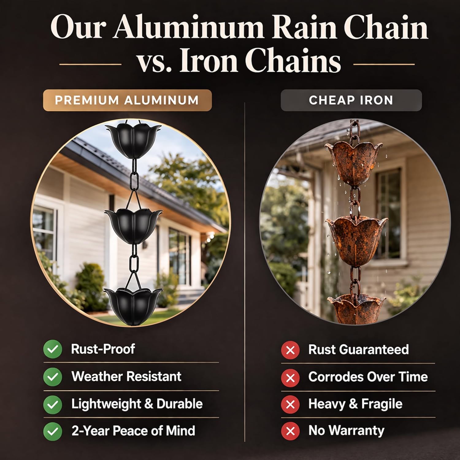Gardzen Aluminum Rain Chain for Gutter | 8.5 Feet Decorative Rainchain with 13 Flower Cups, Heavy Duty Outside Rain