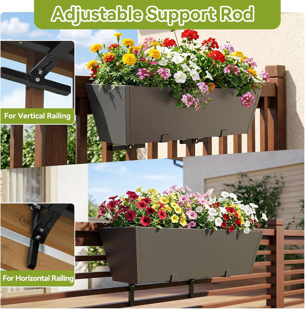 Railing Planter Box 36 Inch, Heavy Duty Metal Window Boxes | Adjustable Bracket, Drainage Hole, Foam Pad, Rust