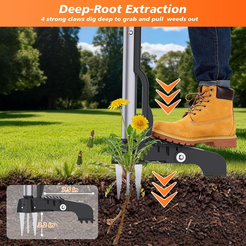 Stand Up Weed Puller Tool - 4-Claw Steel Head Hand Weeding Tool - 40" Retractable Handle with Easy-Eject Mechanism for