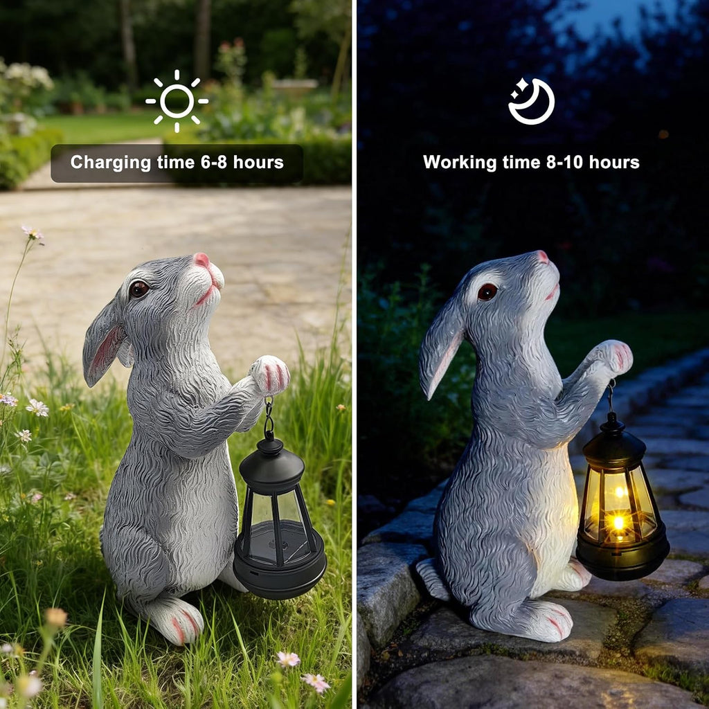 11.8 Inch Solar Rabbit Statue with Glowing Lantern, Handcrafted Resin Easter Bunny Figurine, Waterproof Outdoor Garden
