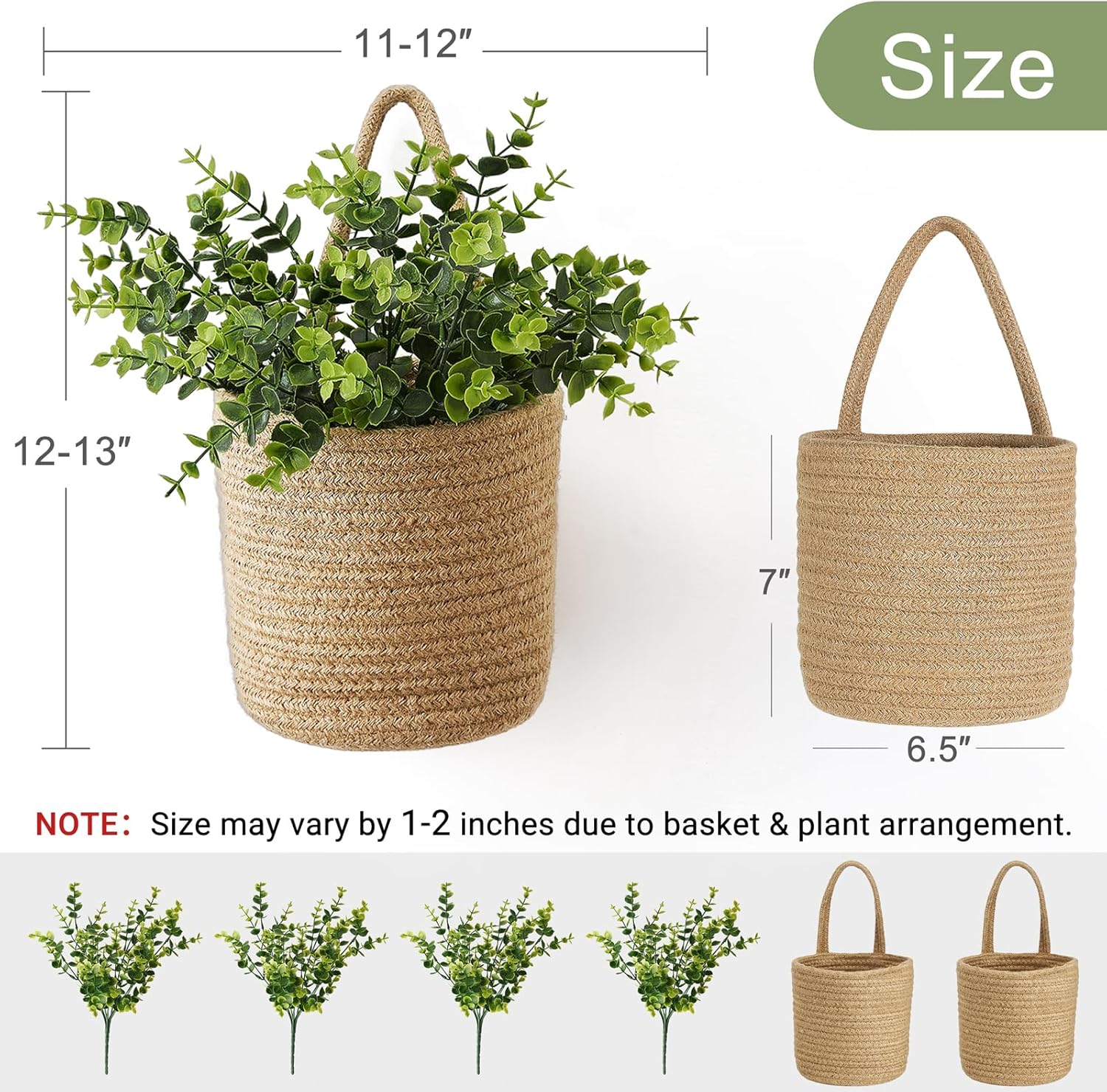 Dahey 2 Pack Woven Hanging Wall Basket 6.5"W×7"H with Artificial Eucalyptus | Easy Hanging Design, Jute Multi-Use