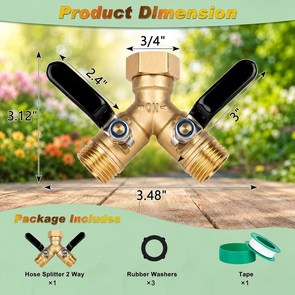 Garden Hose Splitter 2 Way,Brass 3/4" GHT with Long Handles | Heavy-Duty Brass Y Connector with Shut Off Valves,Water