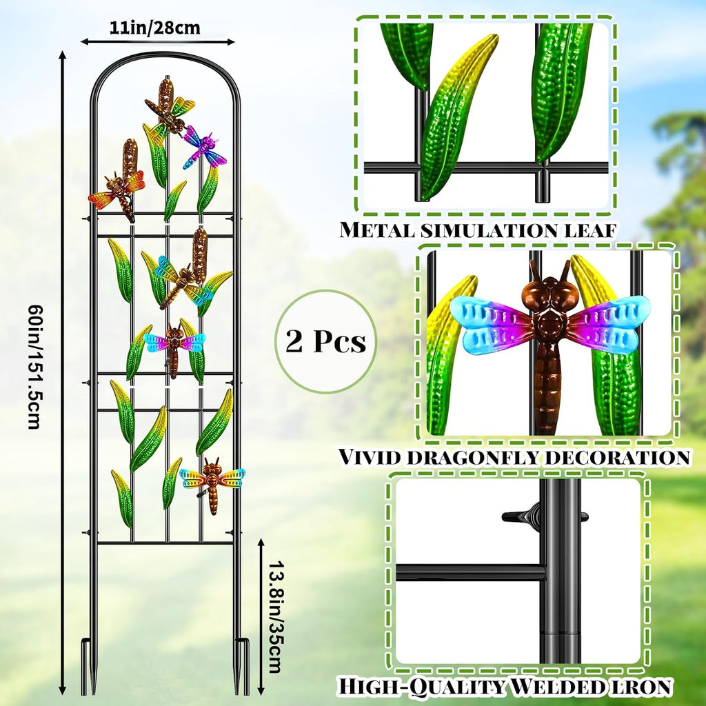 Metal Garden Trellis 2Pcs, Dragonfly Decor Plant Support for Climbing Vines | Sturdy Trellis with Ground Spikes, Wind