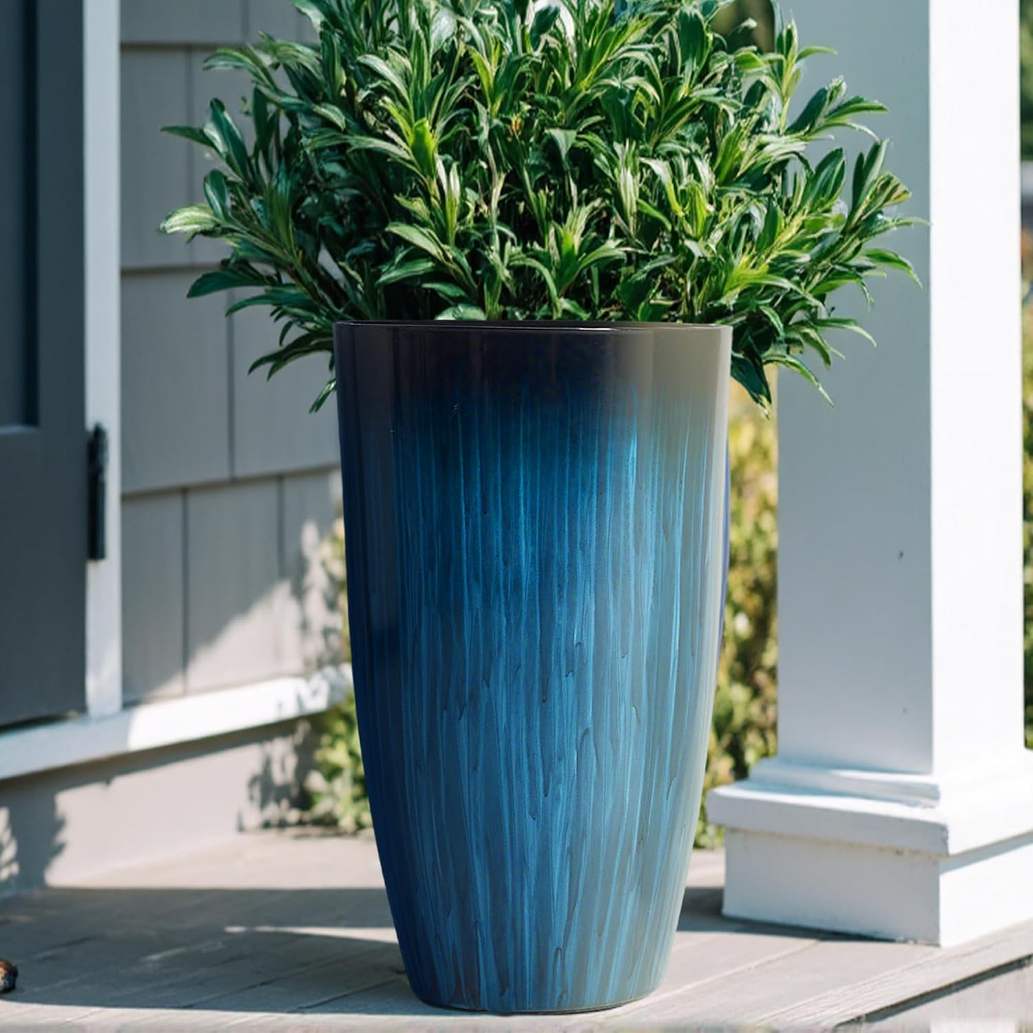 Worth Garden 20" H. Large Plastic Planters - Set of 2 Gradient Blue Glossy Smooth Finish - Tall Plant Pots for Indoor &
