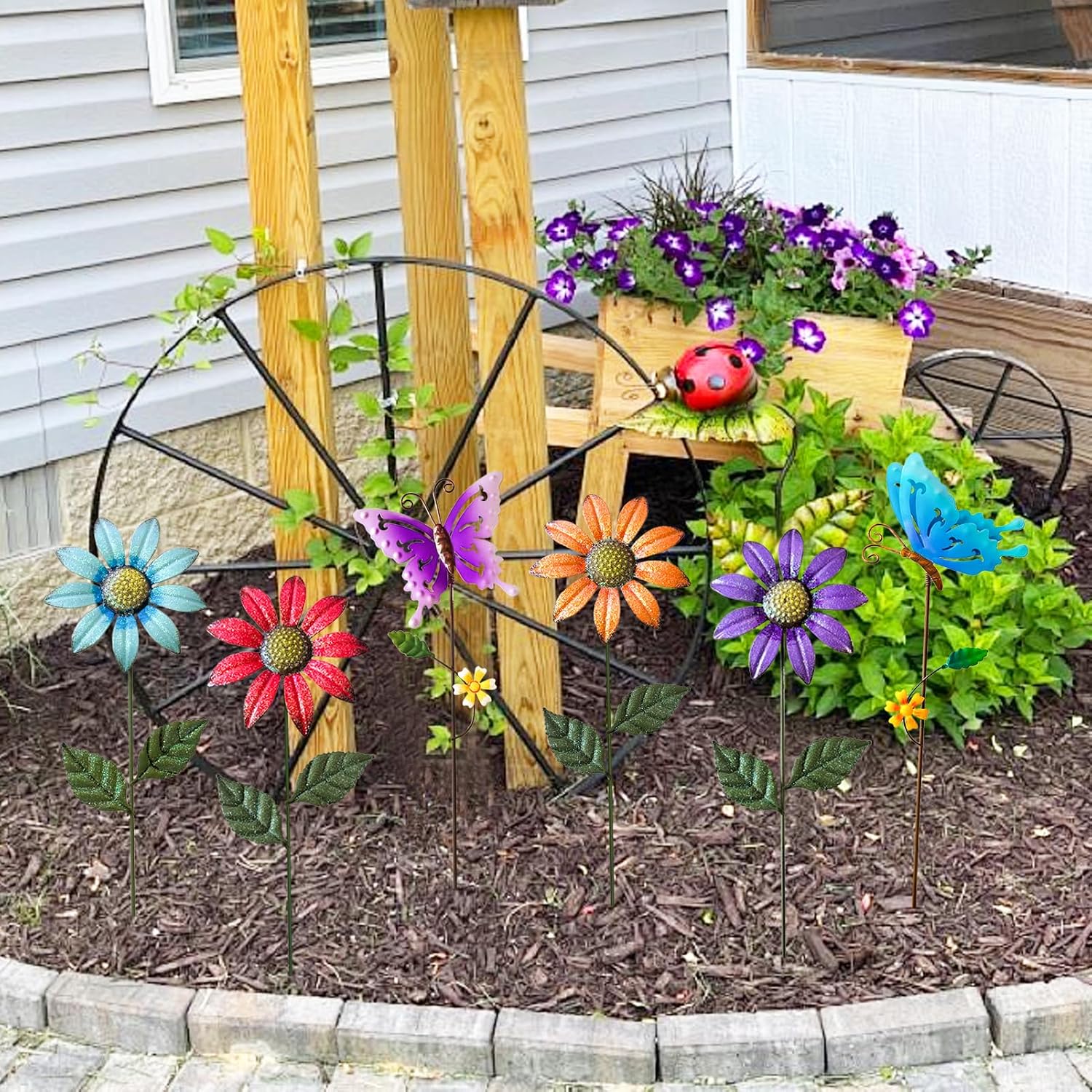 6Pack Metal Flowers for Outside，16.15" Decorative Garden Stakes | Metal Flowers &Butterfly Stakes For Spring Decor