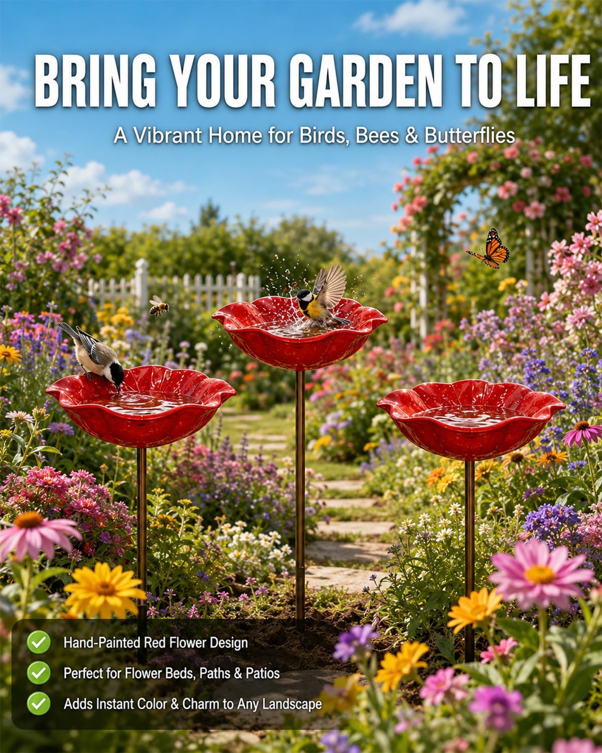Handmade Metal Flower Garden Stakes, Outdoor Mini Bird Bath Decor, Bee Watering Station for Bird, Pollinator &