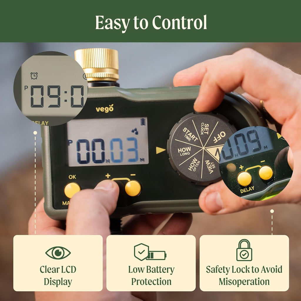 Vego Sprinkler Timer with Brass Inlet- Watering Timer for Garden Hose with Rain Delay/Manual Watering/Automatic