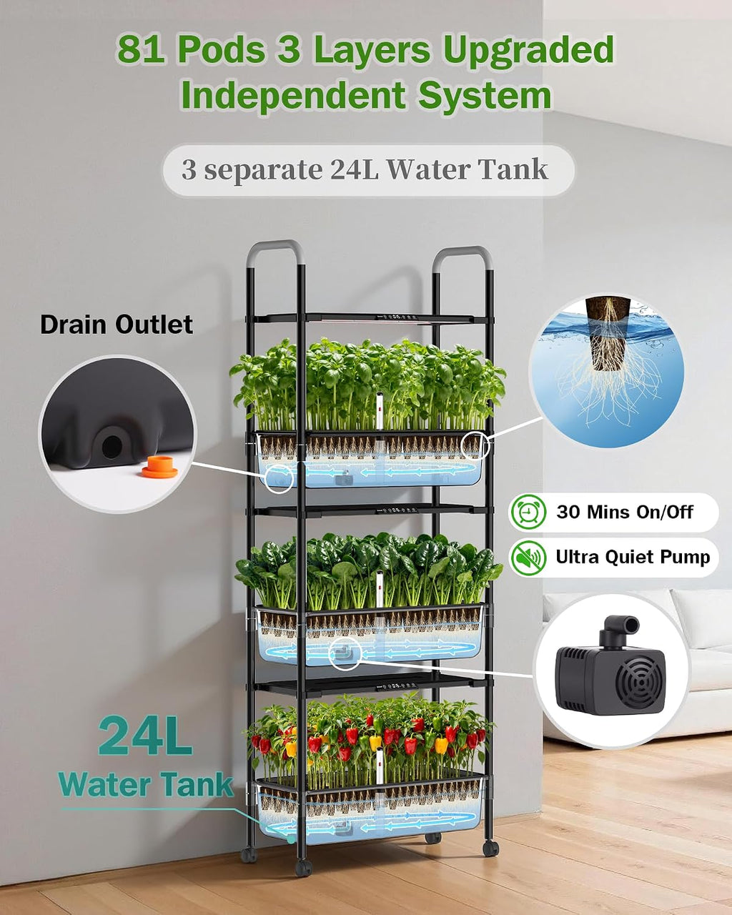 Growell Large Hydroponics Growing System Kit, 81 Pods Vertical Indoor Herb Garden Kit with LED Grow Light & Independent