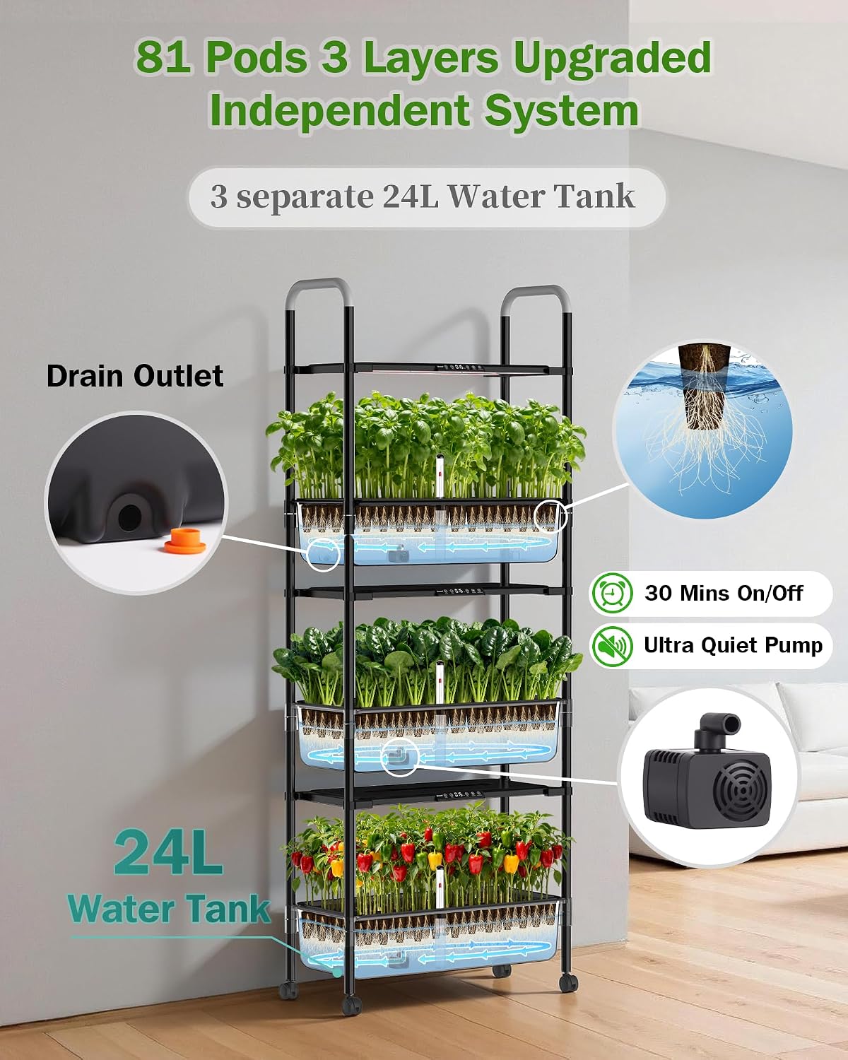 Growell Large Hydroponics Growing System Kit, 81 Pods Vertical Indoor Herb Garden Kit with LED Grow Light & Independent