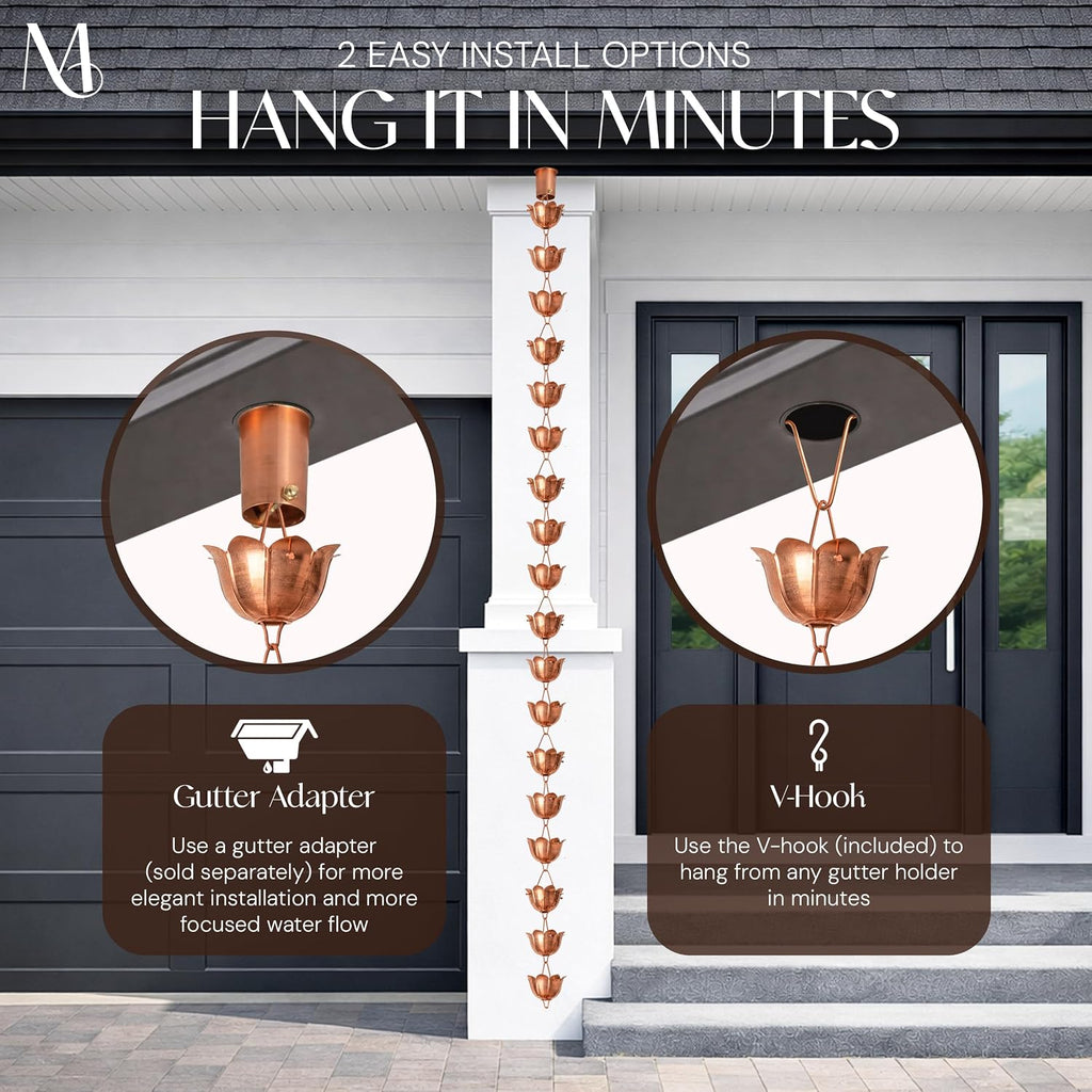 Monarch Rain Chains Pure Copper Lotus Cup Rain Chains for Gutters – 8.5 ft Decorative Rainchain Outdoor Durable Heavy
