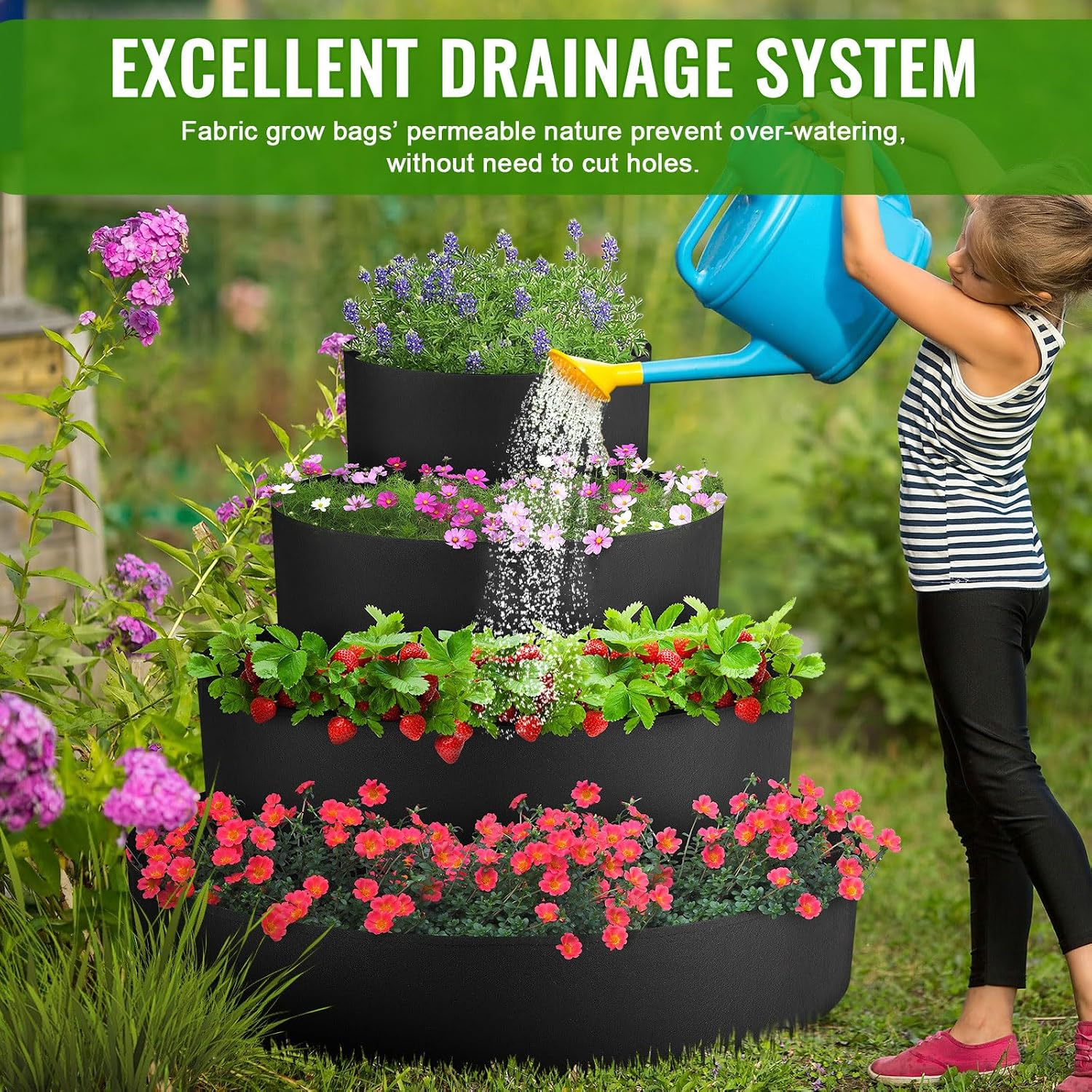 4 Pcs Plant Grow Bags 4 Tiered Strawberry Planter Tower Fabric Raised Garden Beds, 39 Inch Nonwoven Strawberry Pyramid