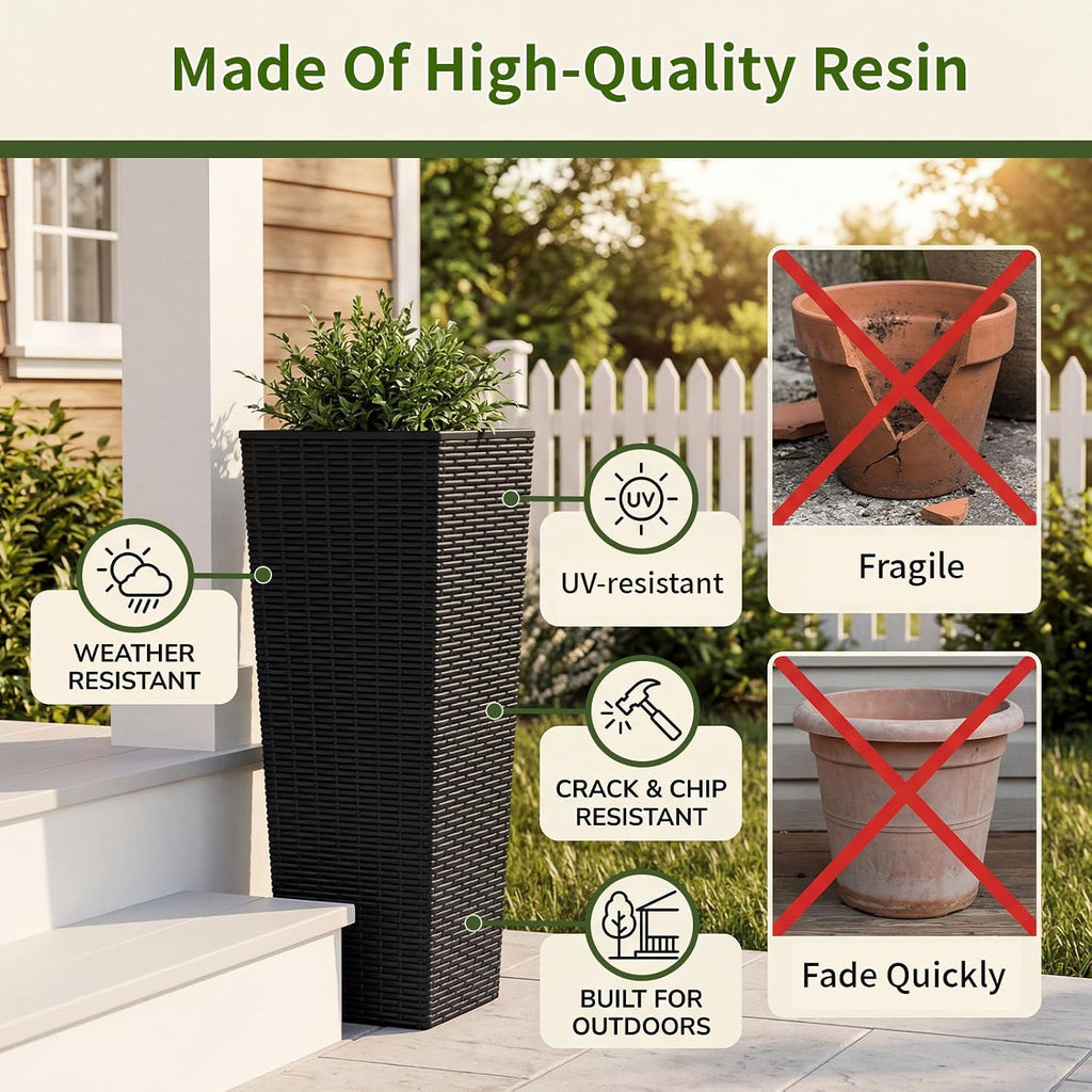 EVLIQUIL 32 Inch Tall Planters Set of 2 with Drainage Holes, Black | Large Rattan Textured Indoor & Outdoor Decorative