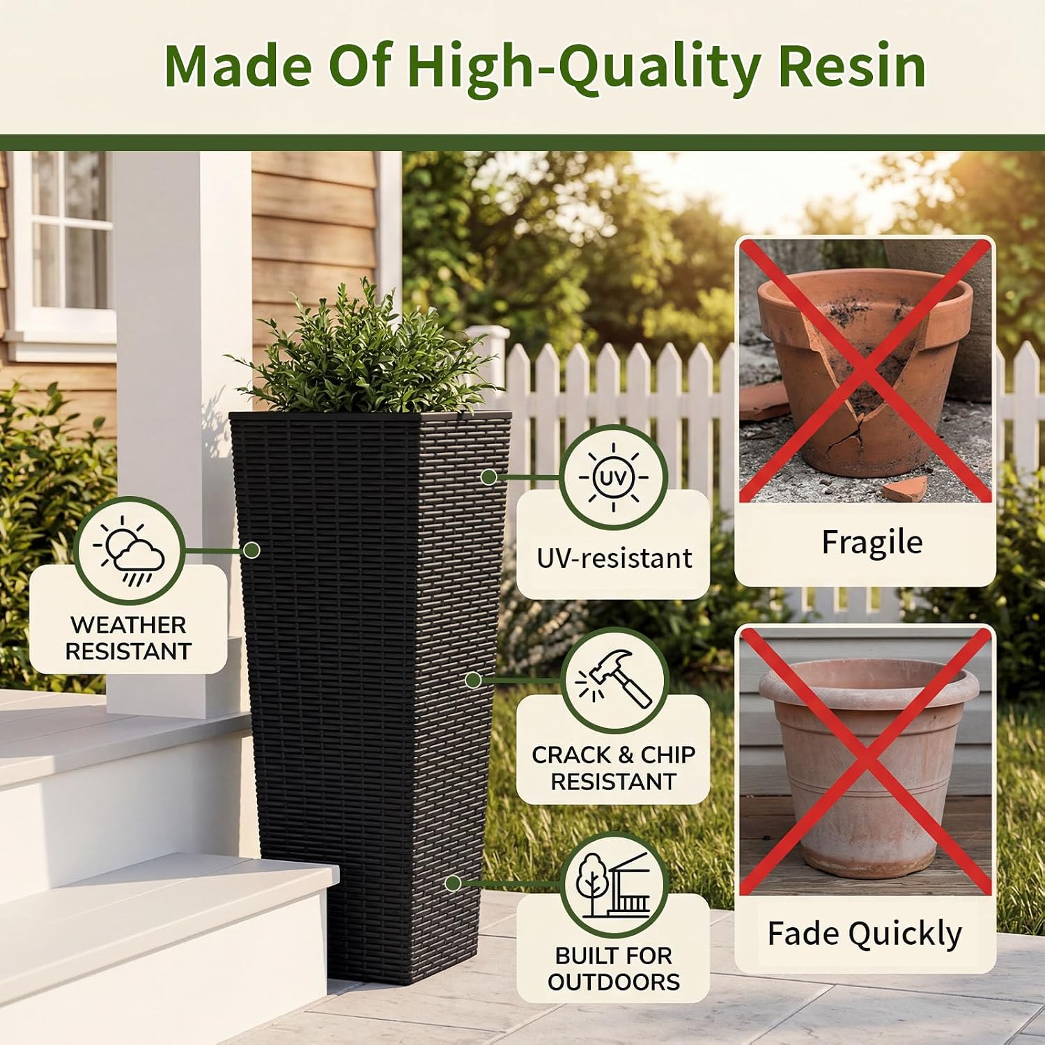 EVLIQUIL 32 Inch Tall Planters Set of 2 with Drainage Holes, Black | Large Rattan Textured Indoor & Outdoor Decorative