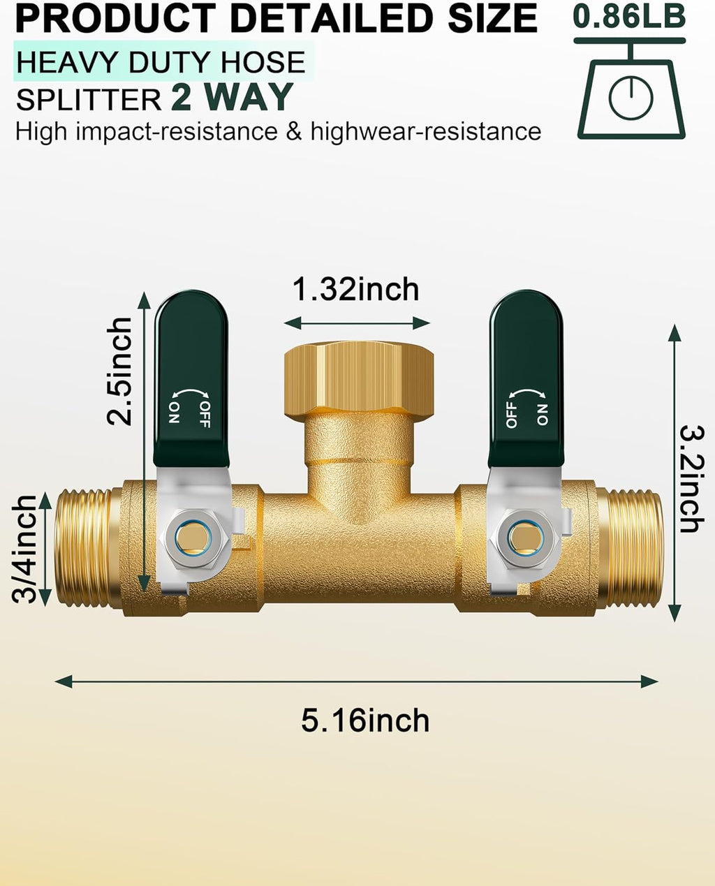 EBH Garden Hose Splitter 2 Way, Heavy Duty Solid Brass Hose Splitter with Shutoff Valves, Water Spigot Splitter With