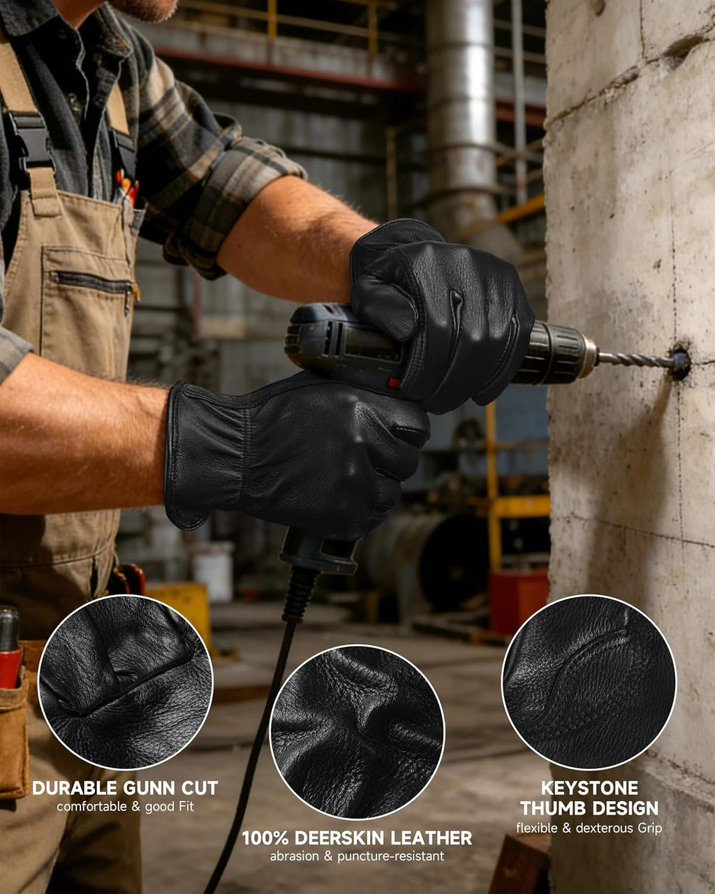 OZERO Leather Garden Gloves: Soft Breathable Deerskin Gloves (Black, L) | for Driving, Motorcycle, Horse Riding