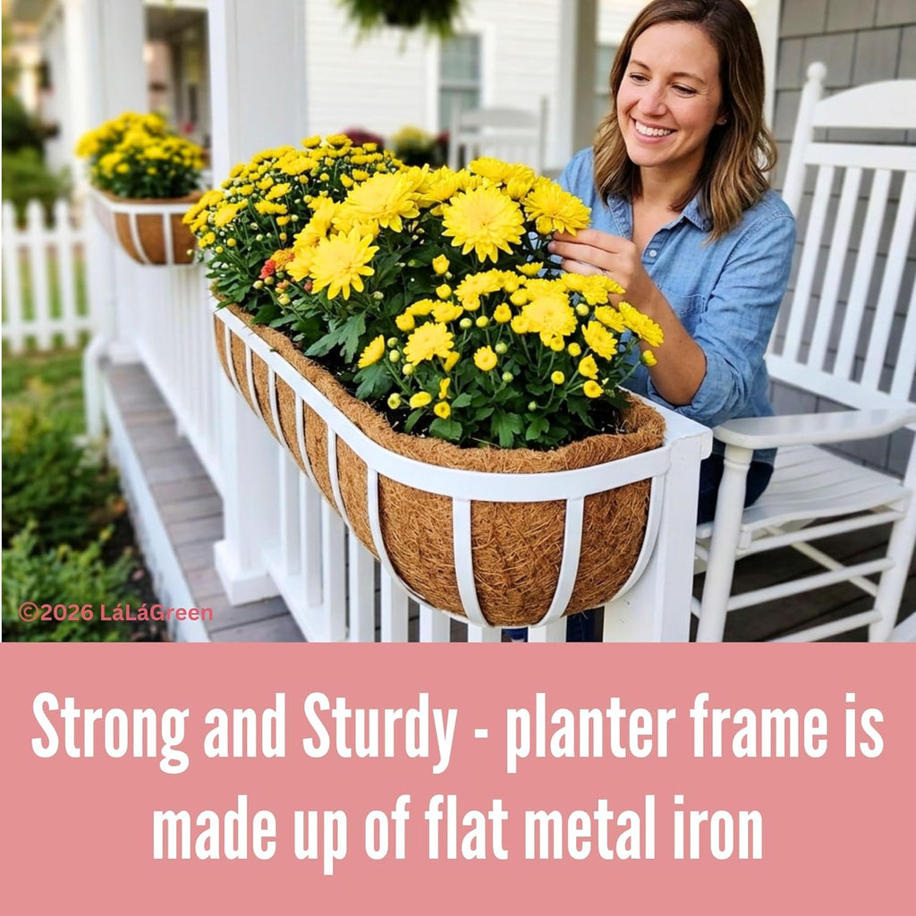 LaLaGreen Deck Railing Planter Boxes (2 Pack, 36") White Metal Extra Large Wall Hanging Planter with Coco Liner