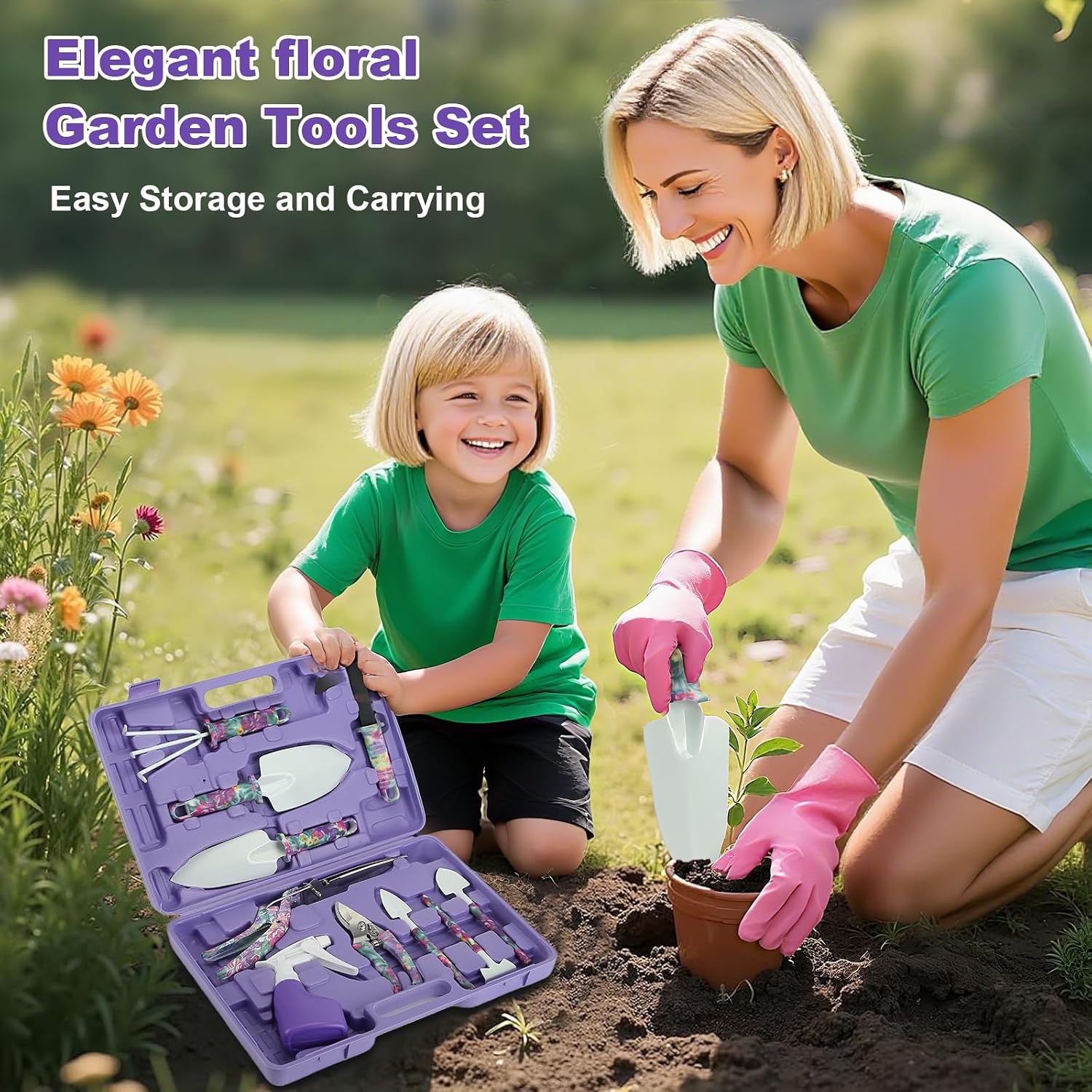 Gardening Gifts for Mom Kit, Garden Hand Tool Set for Women | All-In-One Gardening Kit, Purple Flower Print,Stainless