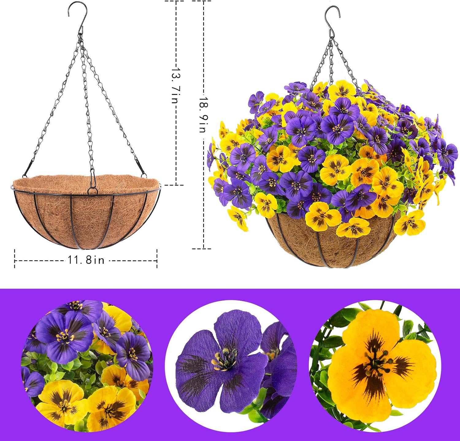 lovemoon 2 Sets Artificial Hanging Flowers with Baskets, 24 Pcs UV Resistant Faux Silk Pansies Outdoor Flower Pots for