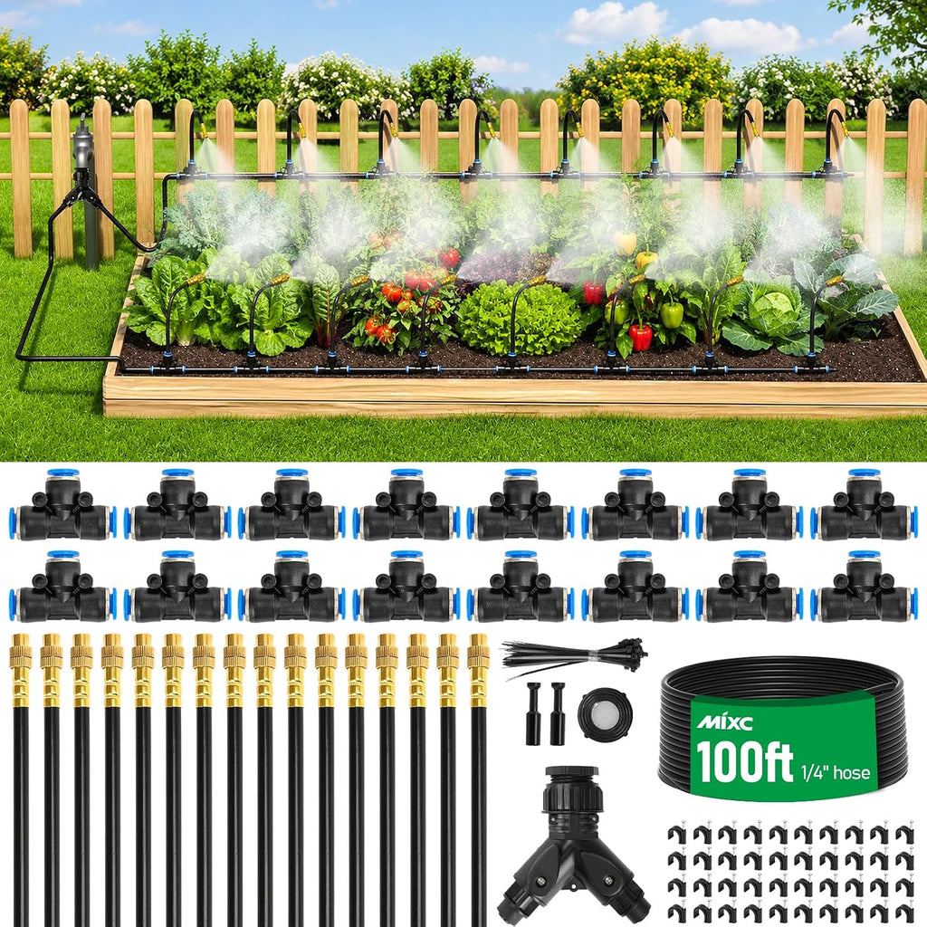 MIXC 1/4" 100Ft Drip Irrigation System for Garden with 16pcs 360°Adjustable Brass Nozzles & Bendable Rod,Upgraded
