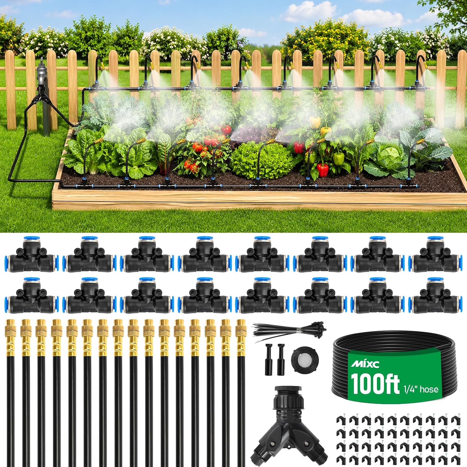 MIXC 1/4" 100Ft Drip Irrigation System for Garden with 16pcs 360°Adjustable Brass Nozzles & Bendable Rod,Upgraded