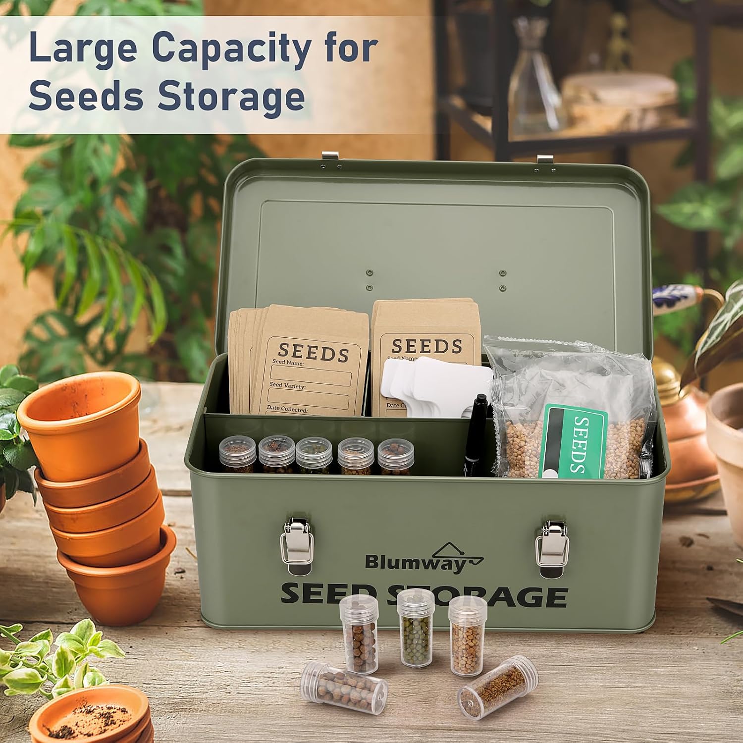 Seed Storage Organizer, Metal Seed Saving Box with Lid, Seed Storage Container with Safety Locks, 4 Compartments Seed
