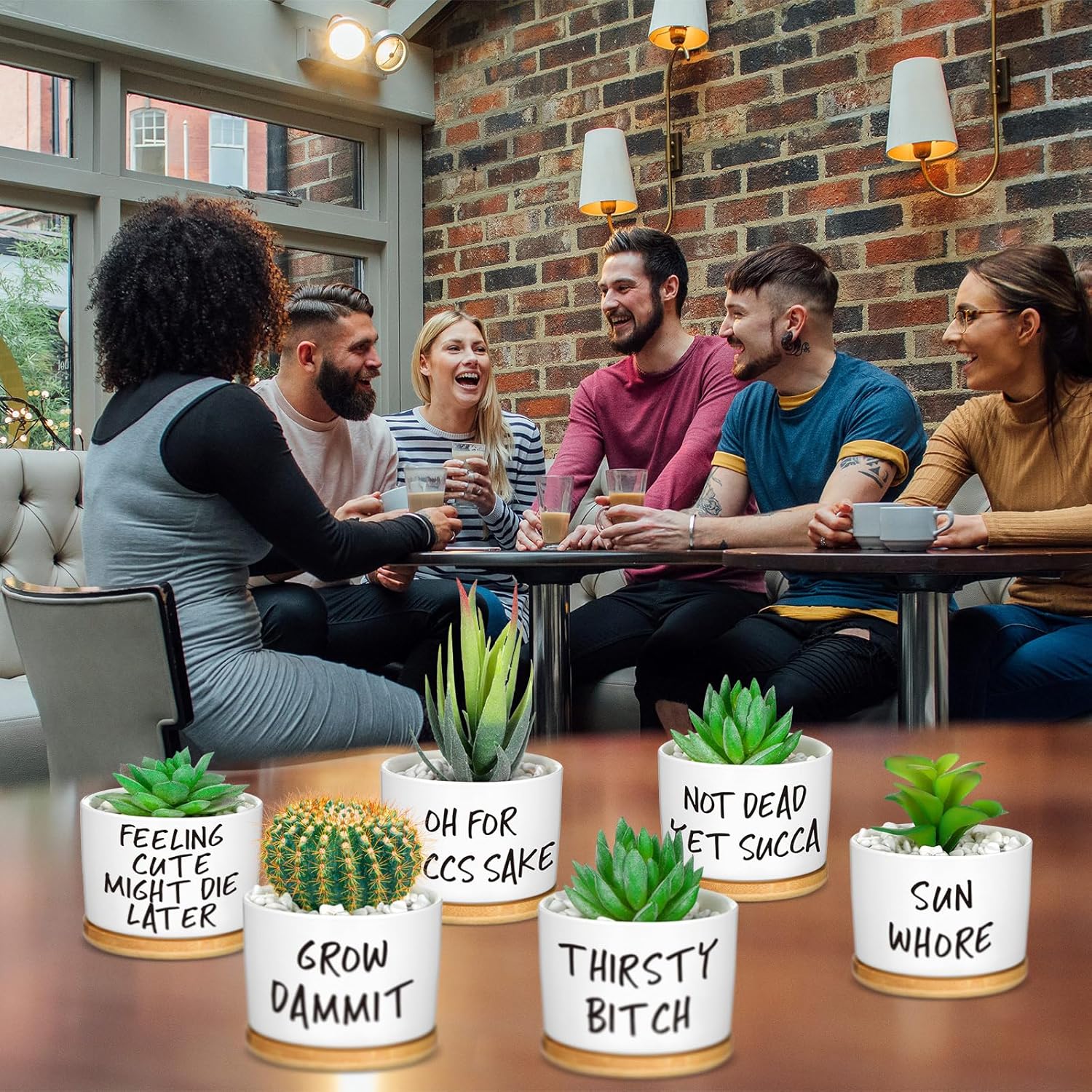 9 Pcs Funny Succulent Pots Ceramic Planters Bamboo Tray,Funny | Cute Aloe Cactus Planters with Drainage, White Mini
