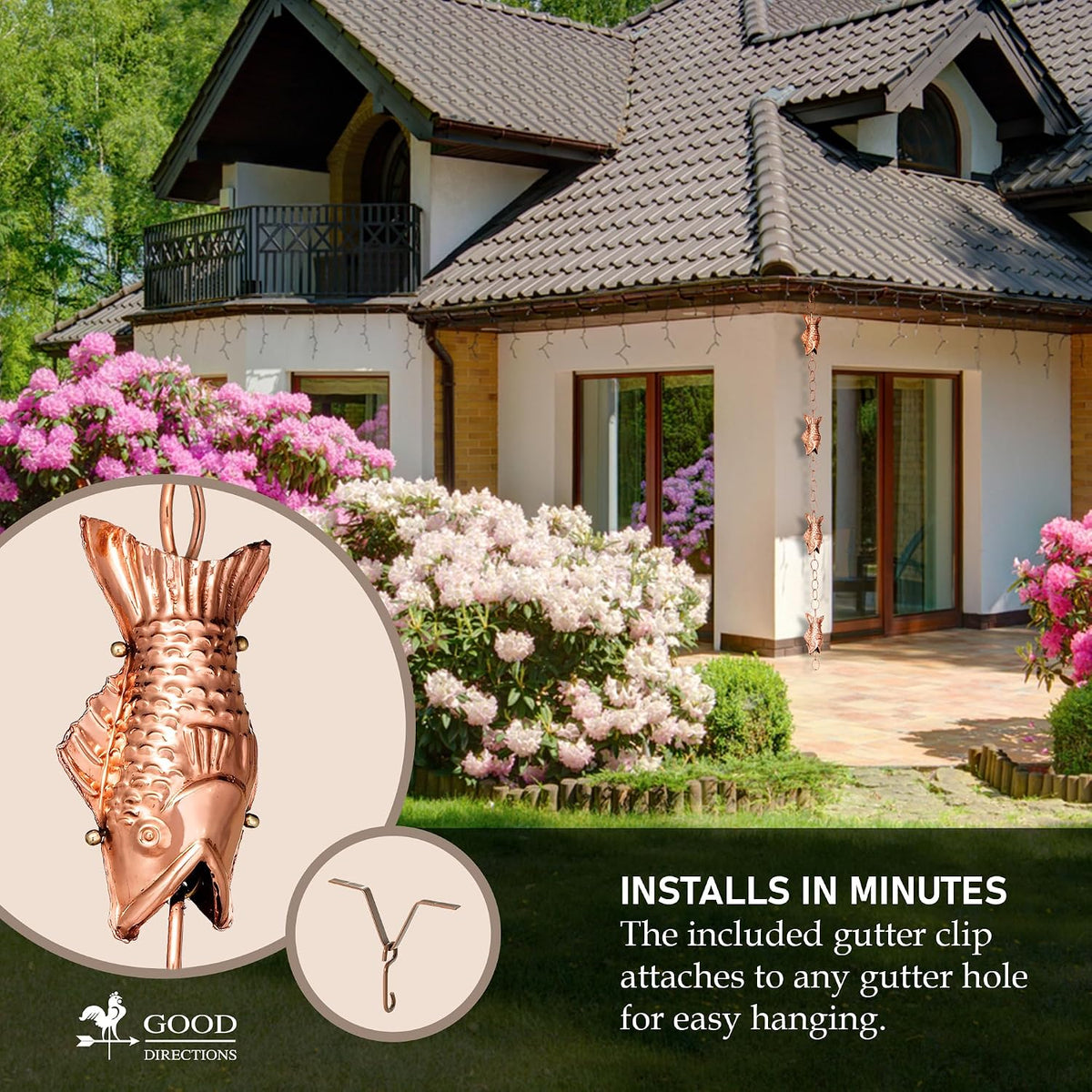 Good Directions 487P-8 Fish Rain Chain - 8.5 ft., with 4 Large Figures, Large Cups 100% Pure Copper