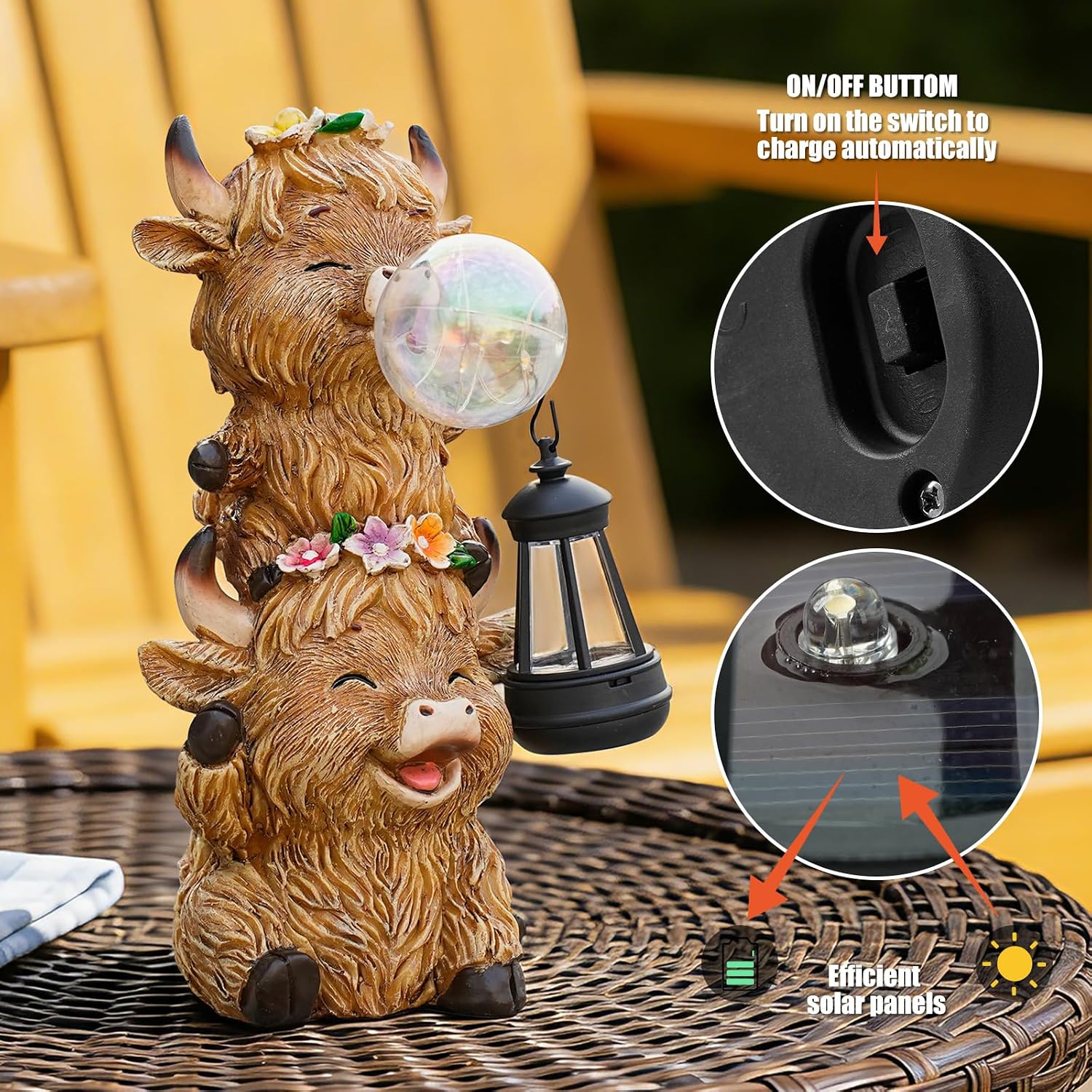 Outdoor Resin Highland Cow Garden Statue | Cute Cow Decoration with Glowing Lantern & Light-Up Bubble, Waterproof Yard