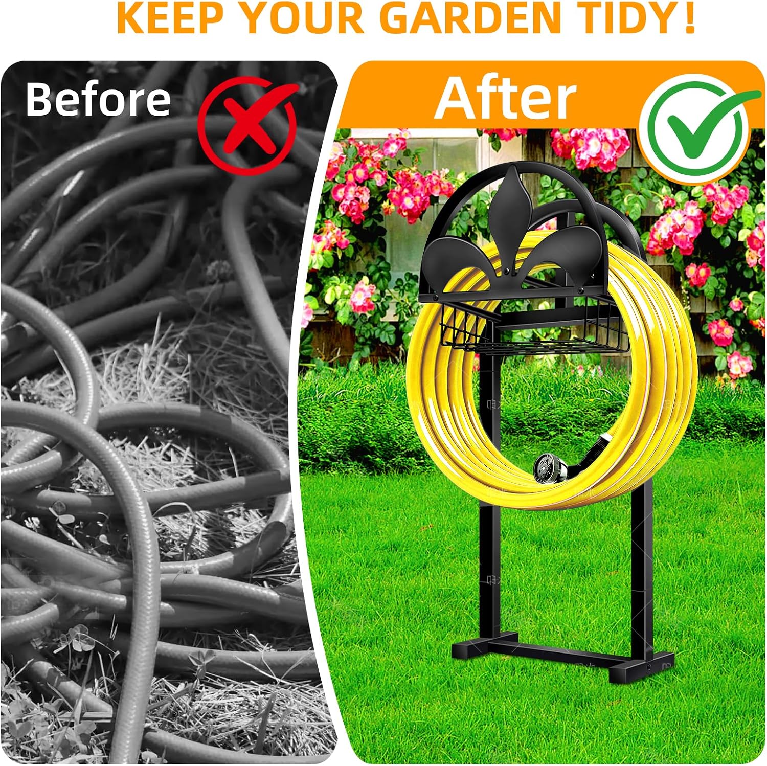 Garden Hose Holder, Water Hose Holders Stand Holds 160-Feet Freestanding Hose Reel Storage Hanger Rack for Outside Yard