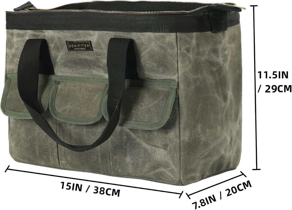 15 Inch Tool Bag, Heavy Duty Waxed Canvas Wide Mouth Water-Resistant Tool Pouch, Garden Tool Tote with 15 Pockets